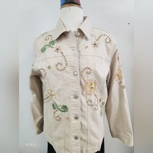 Graff By Um Company Cream With 3D Beaded Floral Design Jacket Womens M Boho